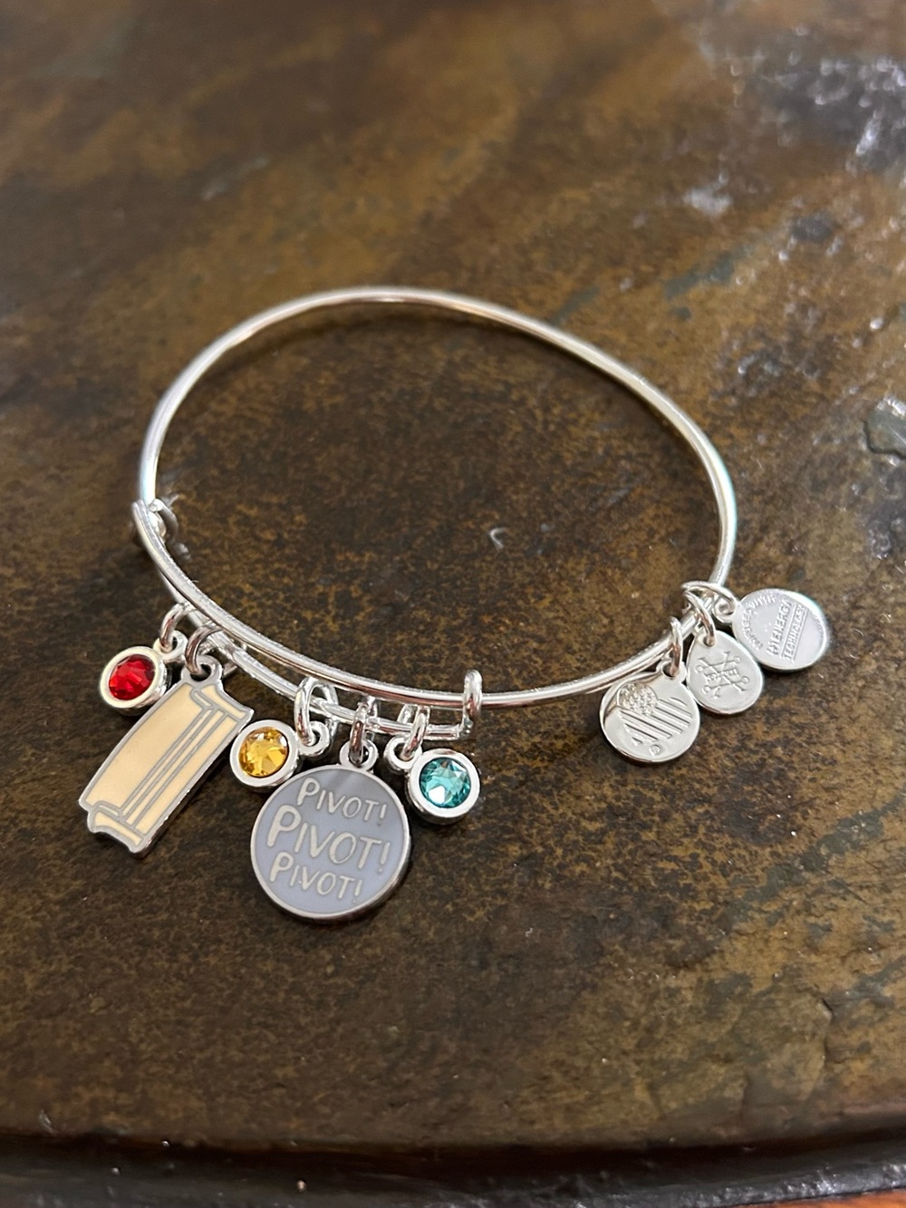 Silver 'Pivot!' Charm Bangle Bracelet with Colorful Gems sz 7-1/4